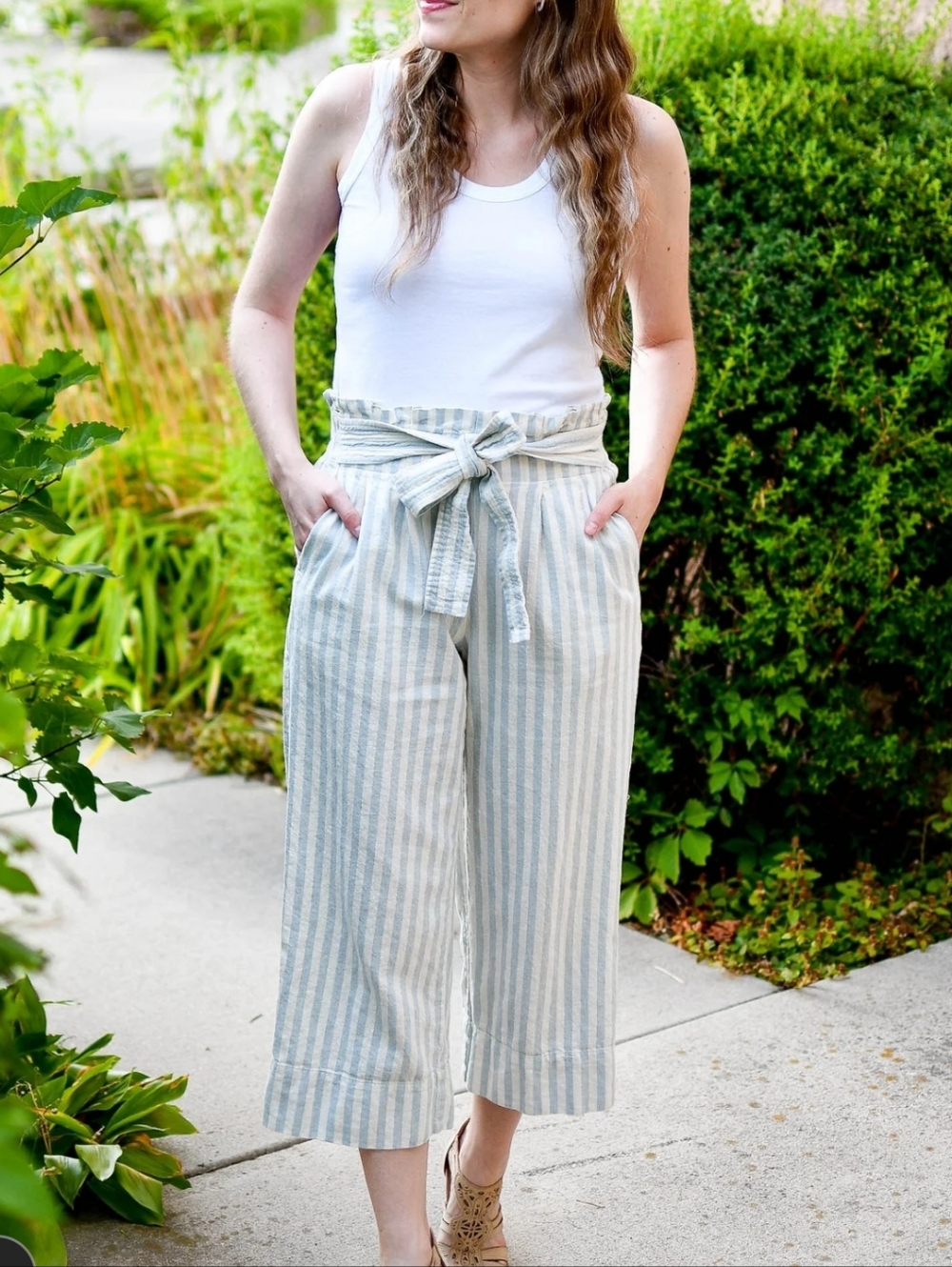 Madewell Light Blue & White Striped Paperbag Cropped Pants